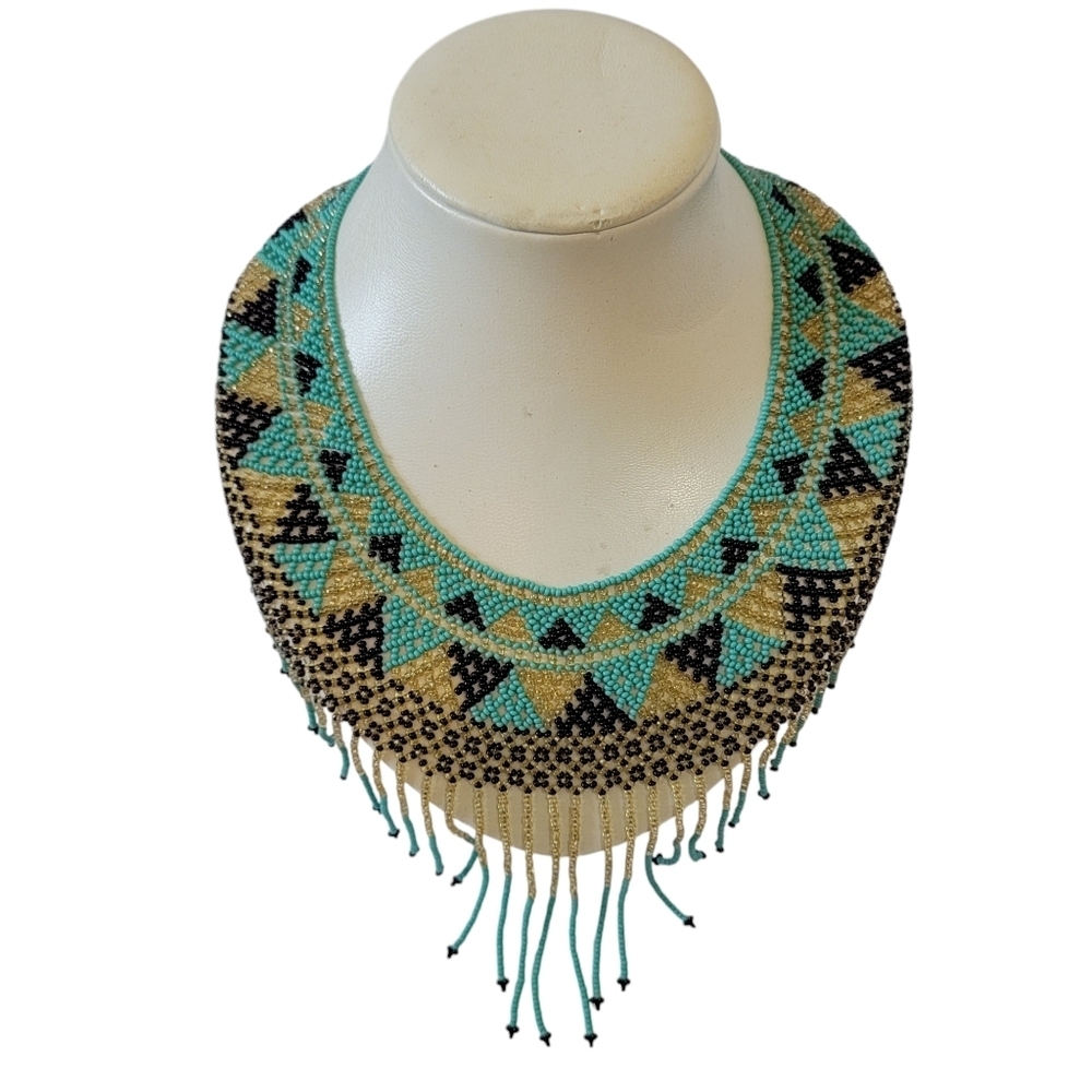 Hand Beaded Cleopatra Necklace Tribal Ethnic Huichol Indigenous Maya Jewelry